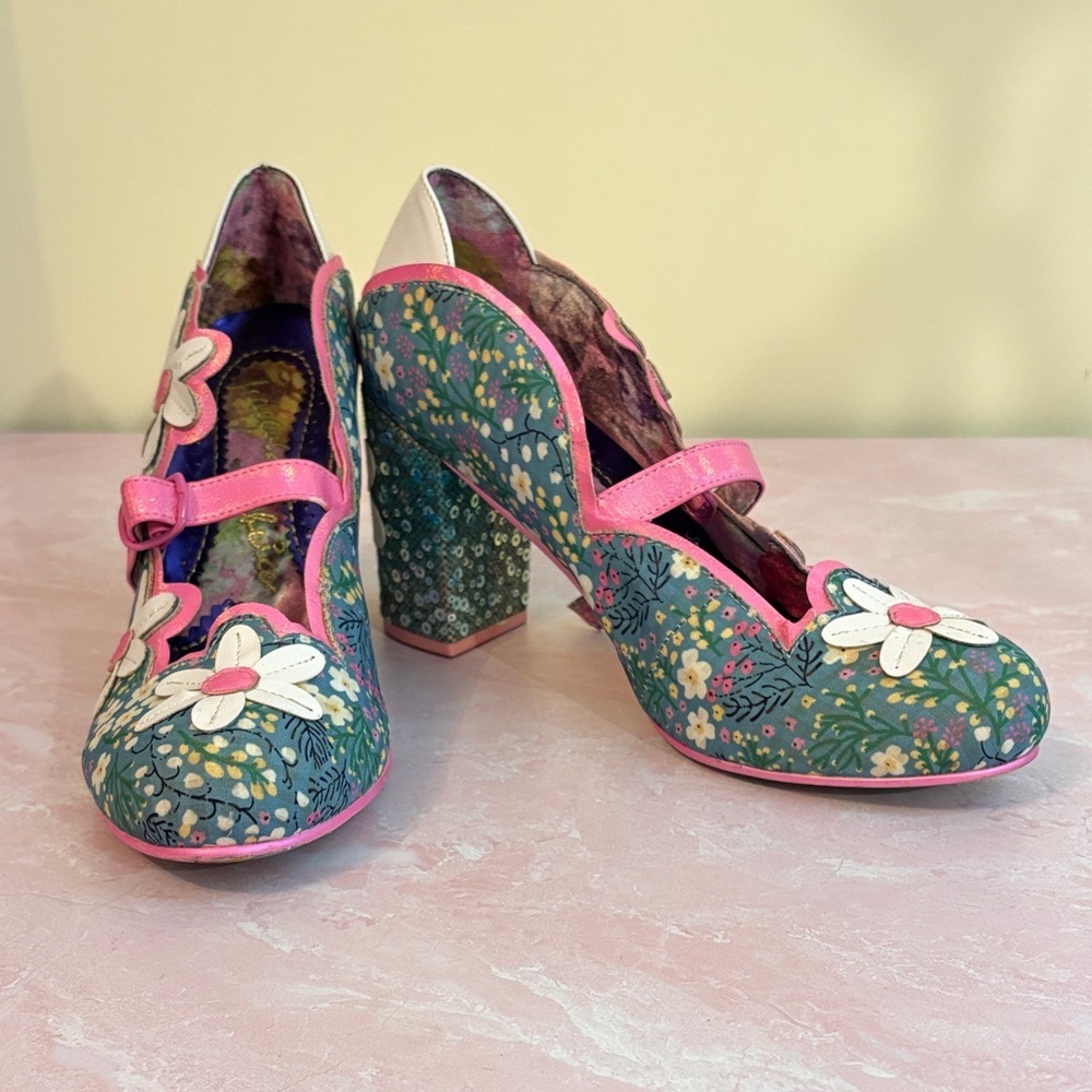 Irregular Choice Green Floral Mary Janes with Pink Straps